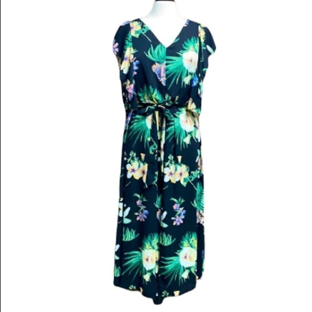 Peach Love Tropical V-neck Flutter Sleeve Dress Size Large